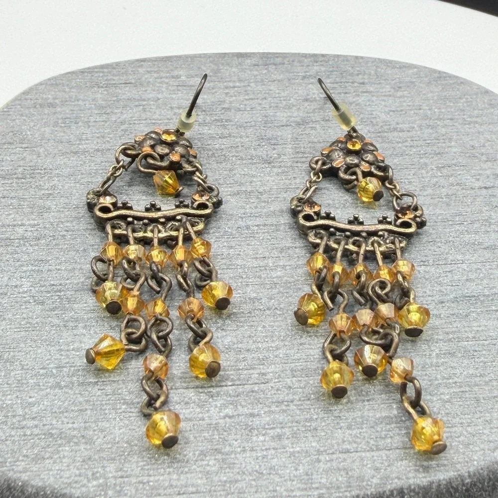 Bronze & Amber Tone Bead Chandelier Earrings Boho Floral Statement Pierced Drop